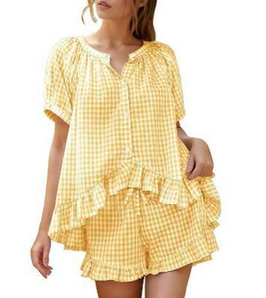 

Women s Cotton Plaid 2-Piece Set: Short Sleeve Ruffle Top & Pants XL жовтий