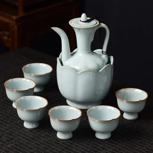 Chinese liquor glass set household spirit glass wine set ceramic jug Qingru kiln wine glass warm jug