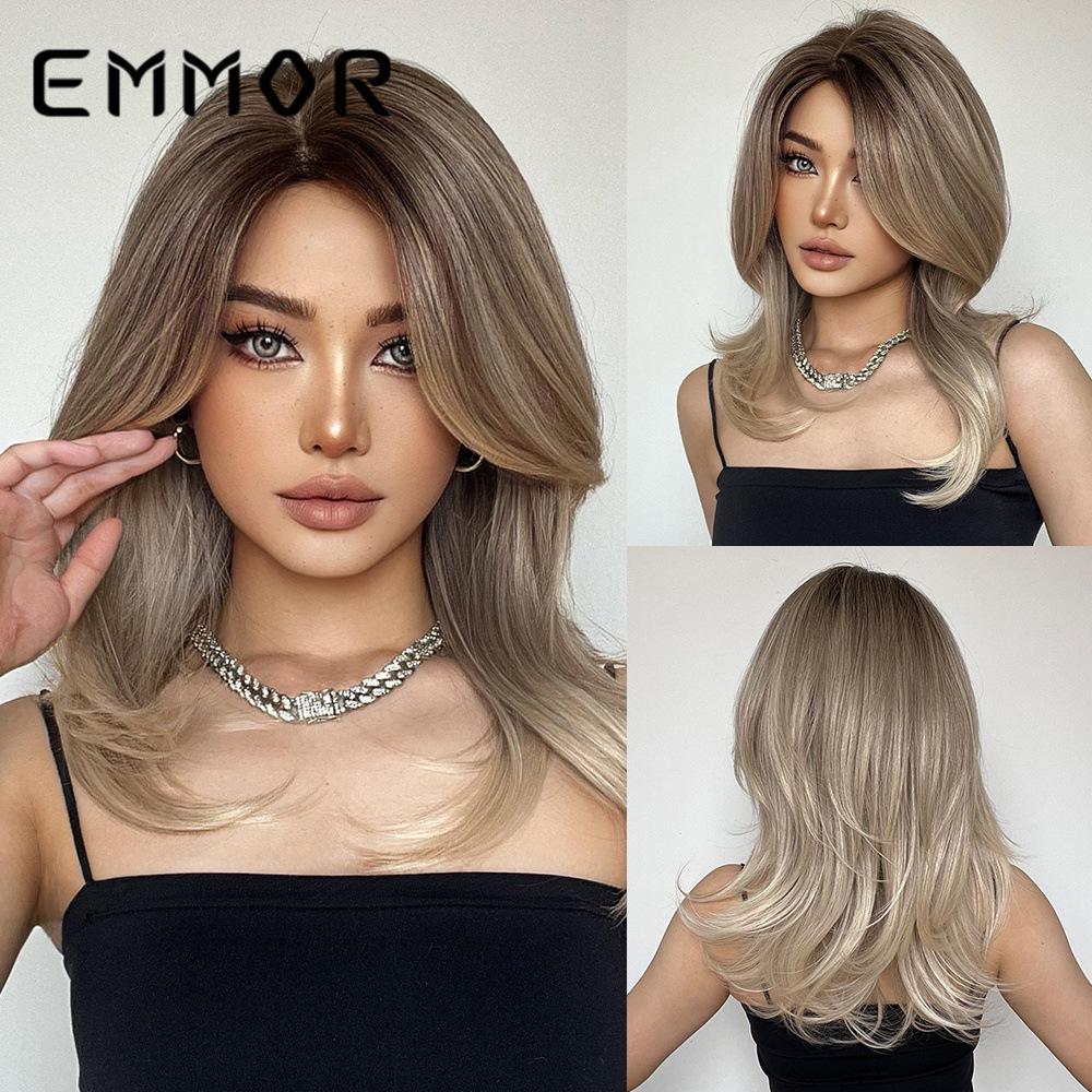 EMMOR Gradient Medium-Long Curly Wig with Side-Parted Flipped French Bangs