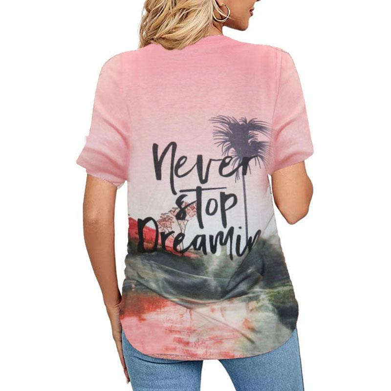 Women Summer Casual Beach Printed Loose Pullovers T Shirt Top