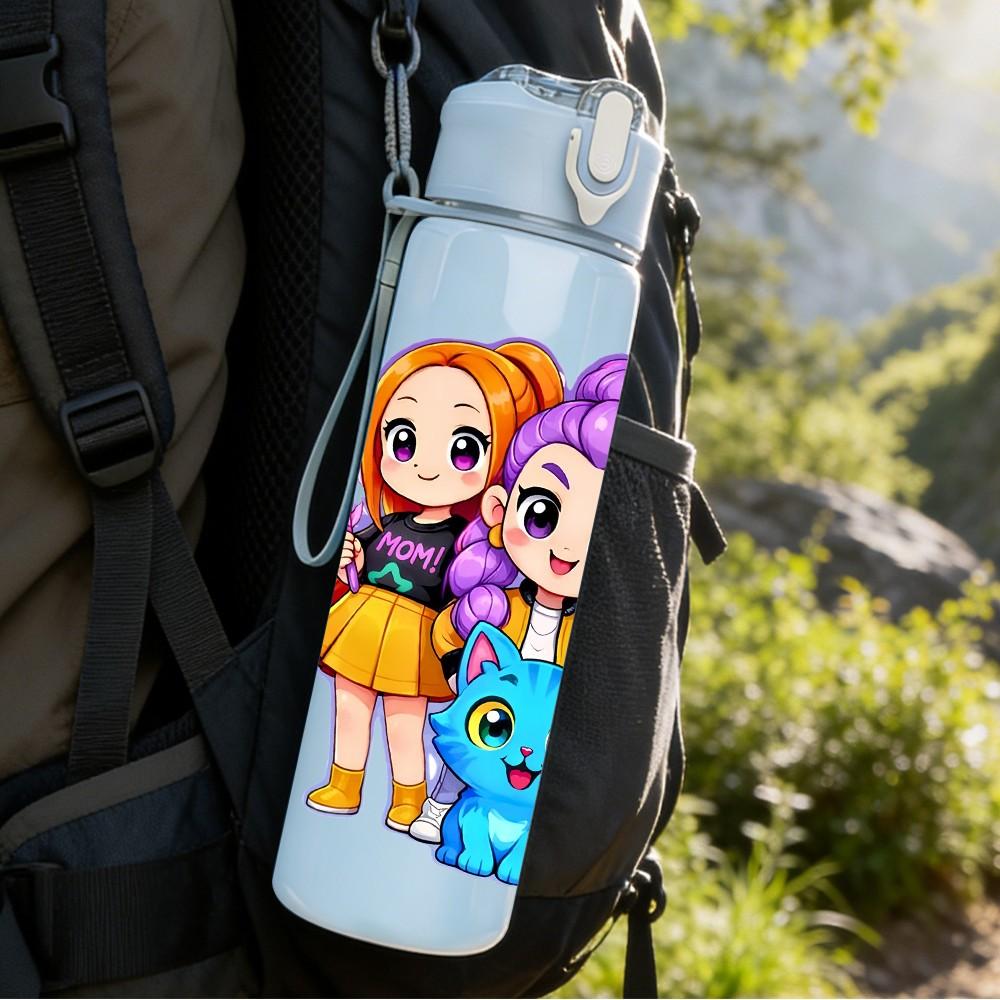 1PC Bright Color Girl Squad Cartoon Print 750ml Color Plastic Sports Water Bottle Leakproof Flip Straw Lid Suitable for Sports Office Home Use