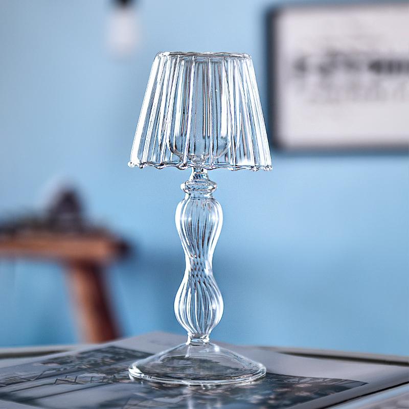 1PC Vintage-Inspired Glass Table Decoration Desk Lamp Shaped European Transparent Glass Candle Holder Glass 18.5x8.5cm