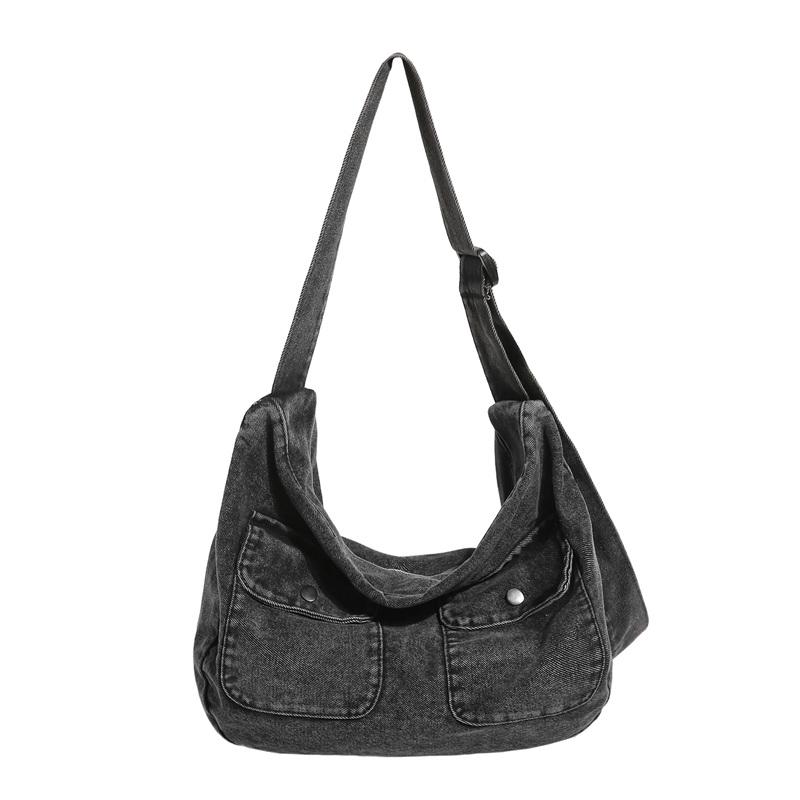 Borsa Hobo in Denim Lavato Vintage con Doppie Tasche Frontali a Pattina Borsa a Spalla Casual Morbida per Donne Quotidiana