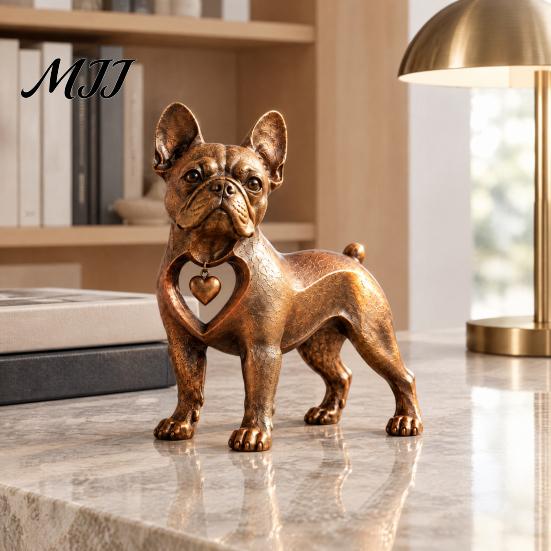 Resin Dog Sculpture Vintage Bronze French Bulldog Figurine, Standing Frenchie Statue with Heart Pendant, Pet Lover Gift Desktop Ornament for