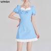 VONDA Rochie Mini Casual pentru Femei cu Gât Pătrat, Mâneci Scurte Bufante, Fundă și Buline