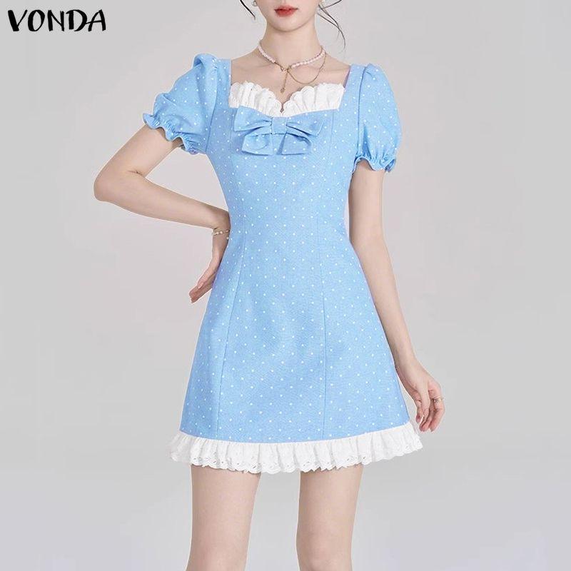 VONDA Rochie Mini Casual pentru Femei cu Gât Pătrat, Mâneci Scurte Bufante, Fundă și Buline