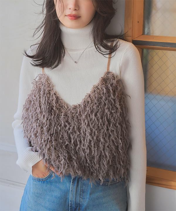 Kobe Lettuce Fur and Faux Feather Bustier Cami Cute Size Ivory Women's Top, Autumn/Winter, Top, M, [C7290]