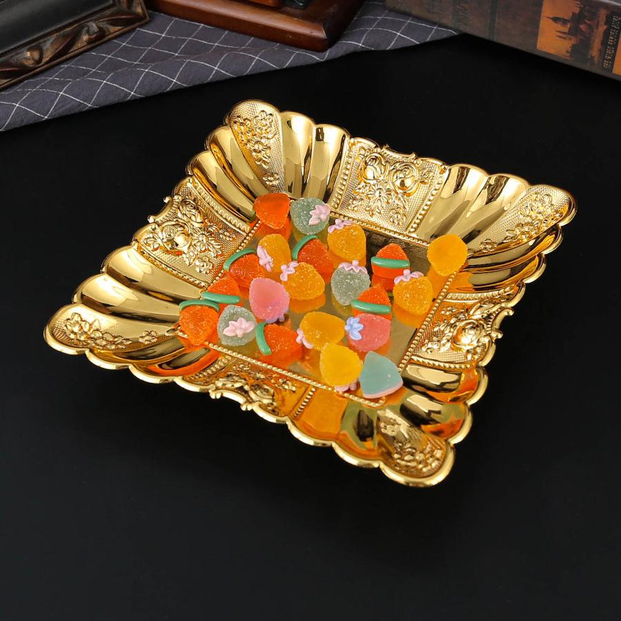 Fruit Serving Plate Metal Storage Tray Vintage Gold Square shape Carved patterns Decorative Plate Dessert Display Holder
