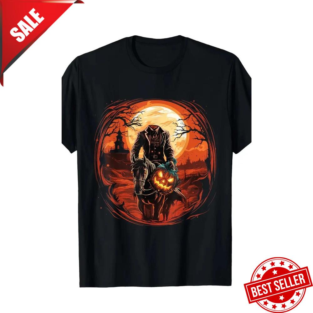 Men S Halloween Graphic Cotton T-shirt - Spooky Headless Horseman Design Black C Unisex T-Shirt L