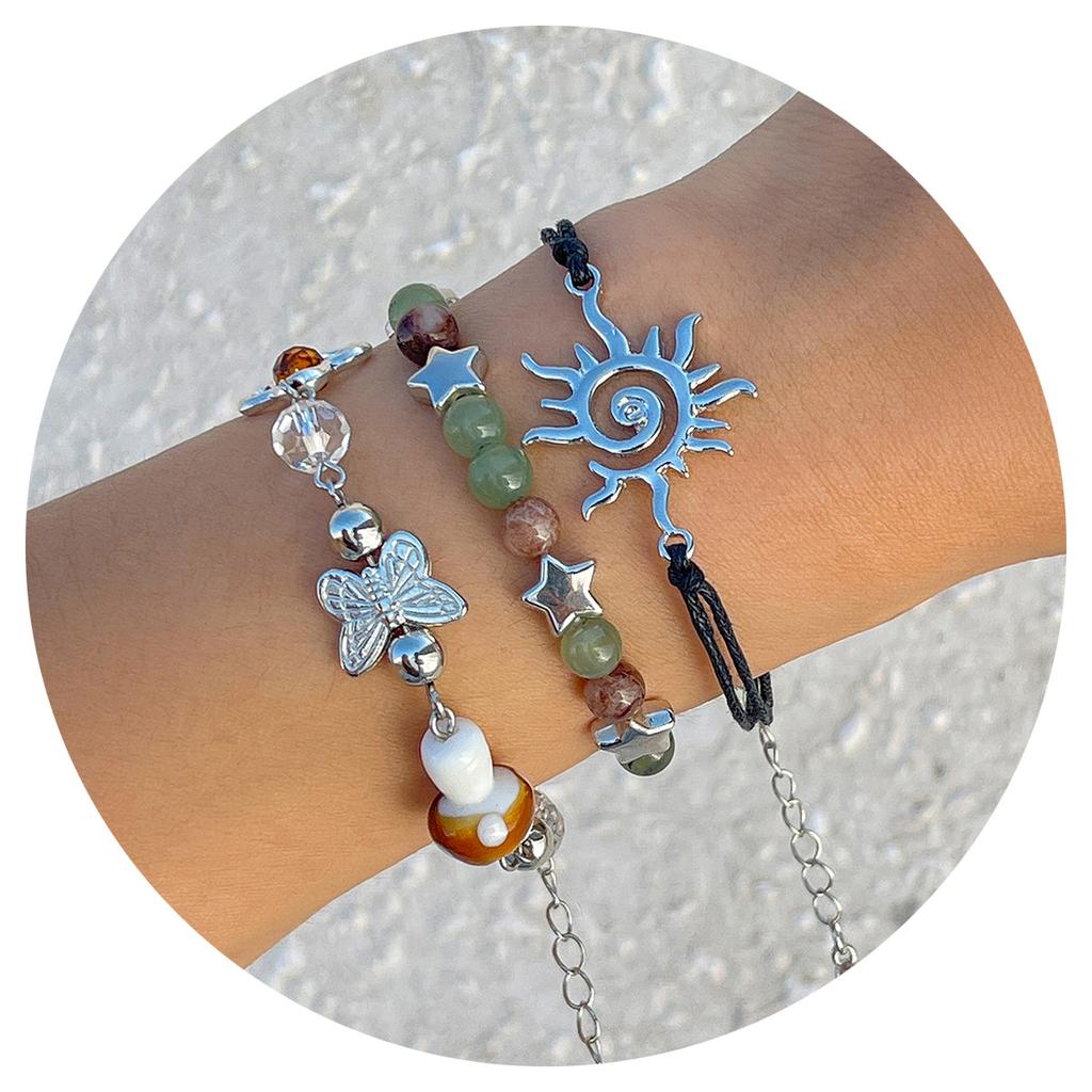 Ethnic Style Sun Butterfly Beaded Bracelet, Vintage Color Star Jewelry Set Bracelet