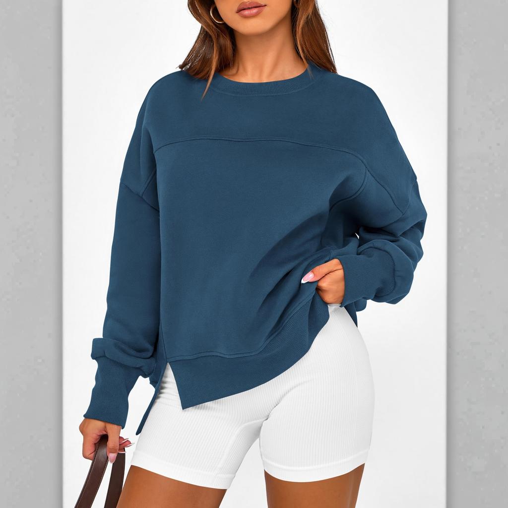 Women's Casual Long Sleeve Neck Side Slit Sweatshirt