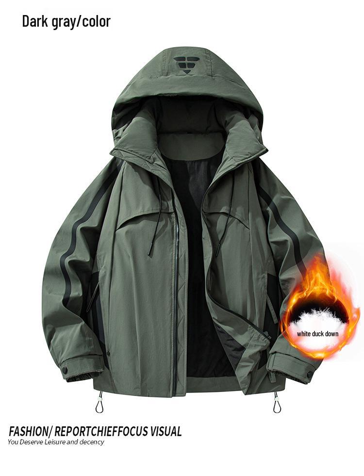 Men's Hooded Down Jacket with Stripes - Winter Casual Outerwear for Cold Protection and Mountaineering