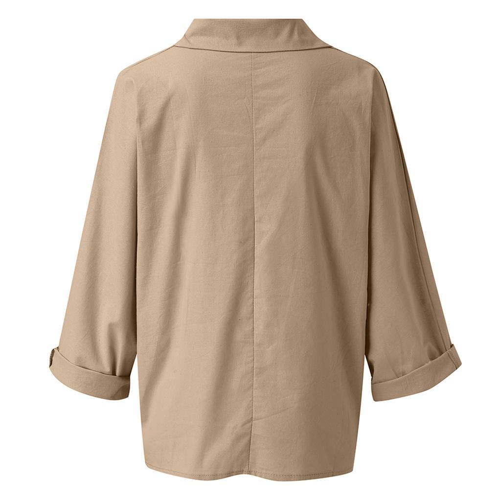 Women's plus size color imitation cotton and linen V-neck long sleeved pullover top