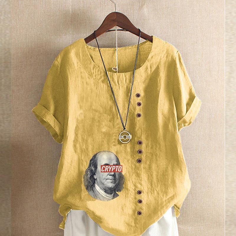 Women's Fashion Round Neck Short Sleeve T-shirt Casual Cotton Linen Graphic Shirt Character Prined Summer Blouse Tops Plus Size