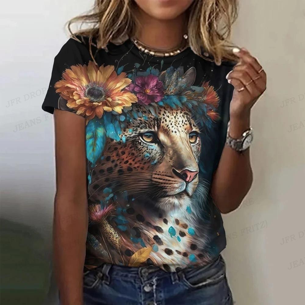 Summer Tiger Pattern T-shirt Animal 3d Printing Women's Casual Round Neck Short-sleeved Retro Y2k Harajuku Top Women's Clothing