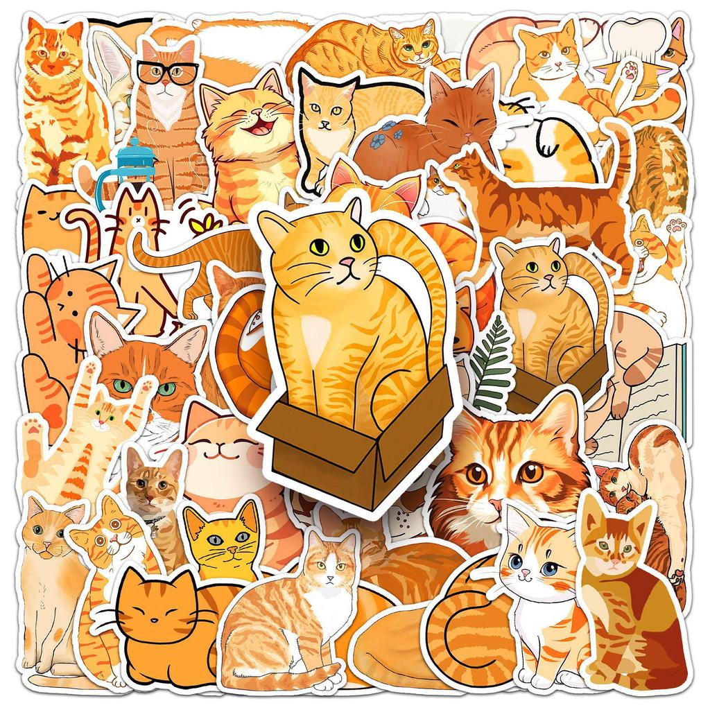 50 Cute Orange Cat Graffiti Stickers for Decor: Perfect for Phone Cases, Water Bottles, and Suitcases.