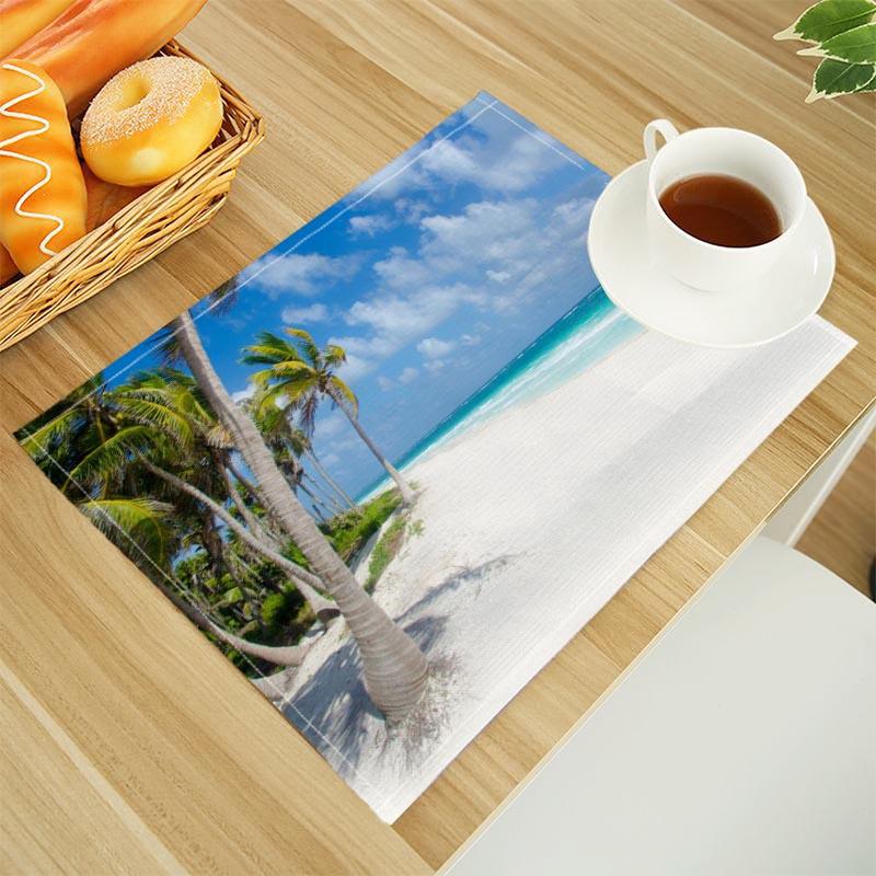 

Beach Landscape Coconut Trees Print Linen Dining Table Mats Alphabet Kitchen Placemat 30X40cm Coasters Pads Bowl Cup Mat 1pcs