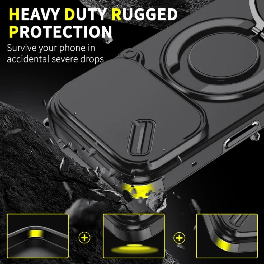 Rugged 360° Ring Holder Magnetic Phone Case For IPhone 17 Air 16E 15 14 Plus 13 12 Pro Max Shockproof Slide Lens Protector Cover