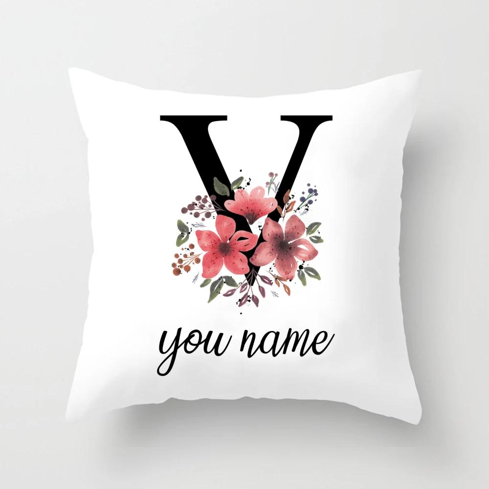Personalized Name Flower Letter Pillow Case Alphabet Print White Square Pillow Case Dust Cover Bedroom Party Decoration