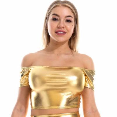 Plus Size Damskie koszulki z krótkim rękawem w metalicznym, laserowym kolorze, krótkie bluzki z dekoltem w łódkę Clubwear Streetwear