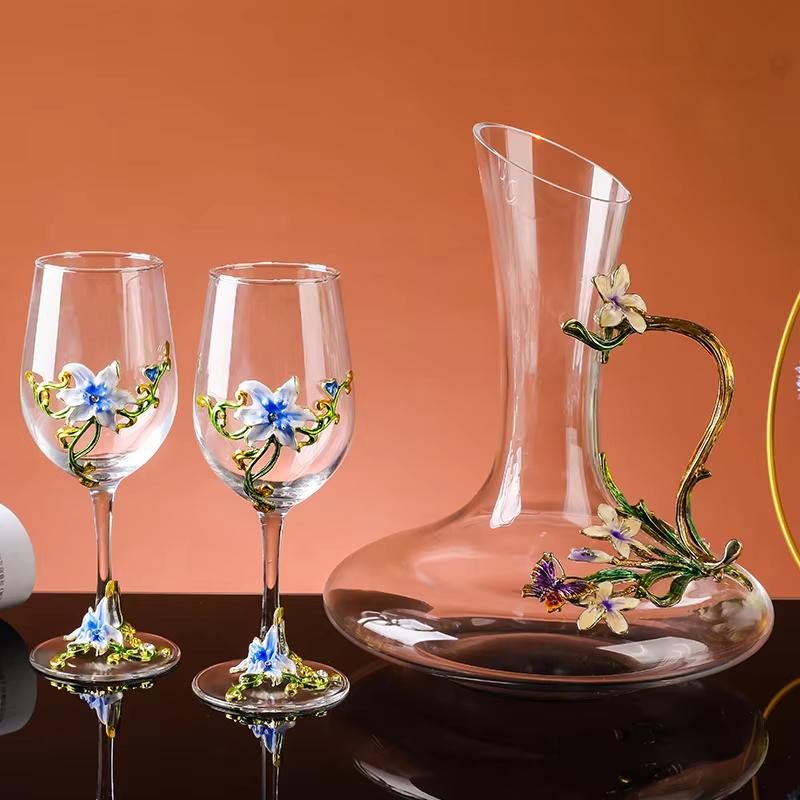 Luxury Crystal Enamel Goblet Glasses Vintage 3D Floral Decor Wine Glass Champagne Cup for Wedding Party Home Bar Home Party Gift
