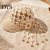 Outdoor Sun Protection Cap Hand Crocheted Sunflower Baseball Cap, Bohemian Tassel Bell Hat, Handmade Knit Cutout Floral Decorative Bowknot Beanie