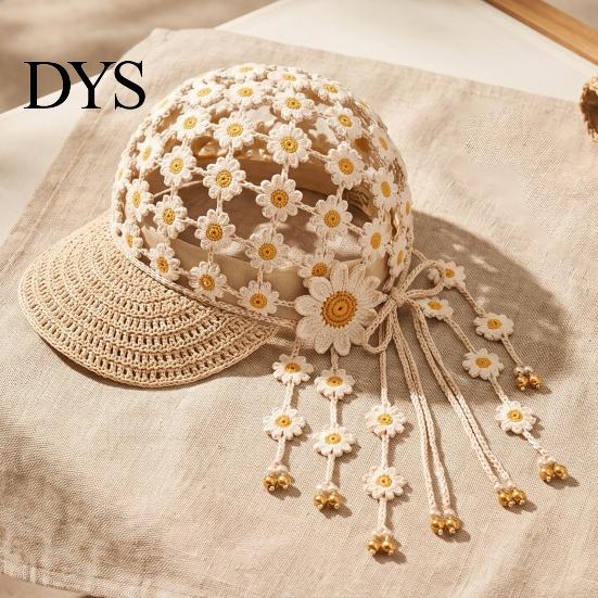 Outdoor Sun Protection Cap Hand Crocheted Sunflower Baseball Cap, Bohemian Tassel Bell Hat, Handmade Knit Cutout Floral Decorative Bowknot Beanie