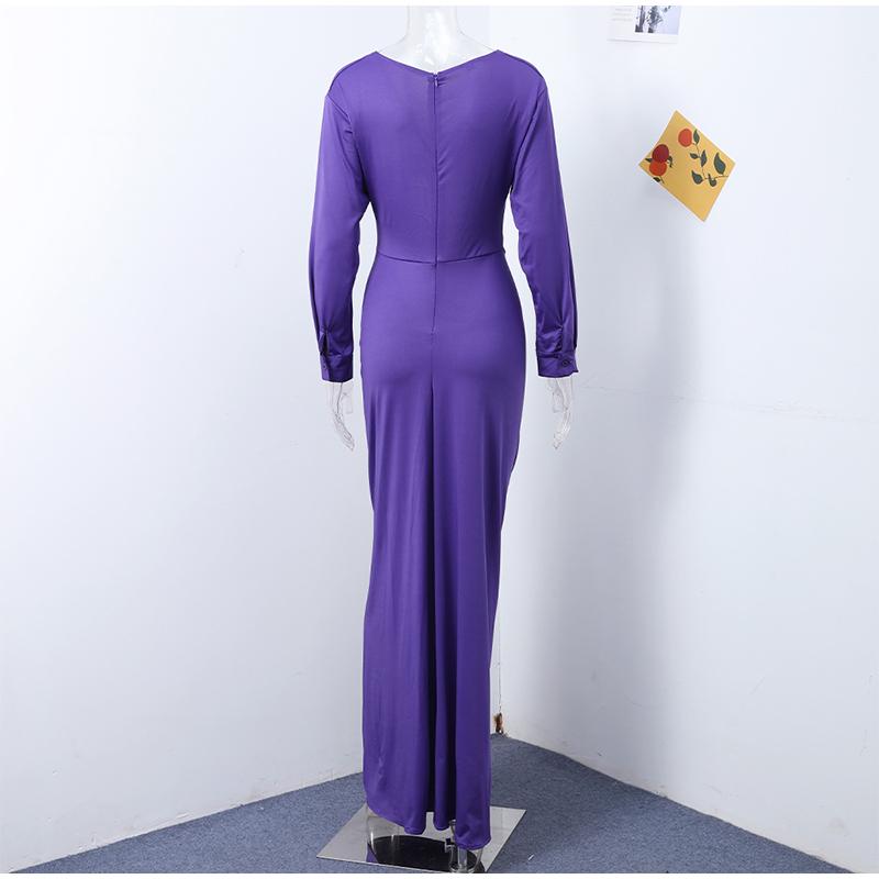 Purple Hollow Dress Sexy Exposed Belly Women Pleated Bow Long Sleeved V-Neck Slim Wrap Hip Dress 2025 New Summer Fashion
