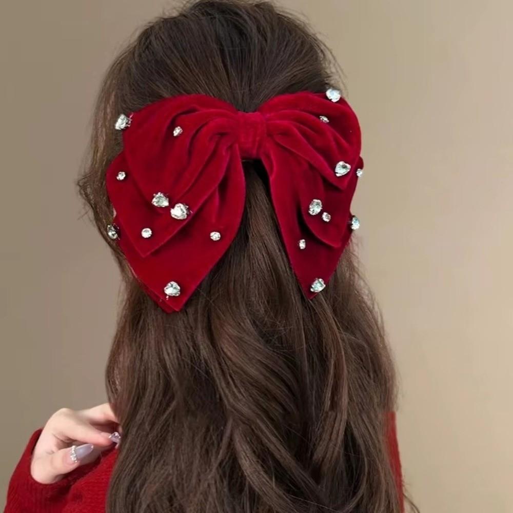 Französische Samt Rote Haarspangen Schleife mit Diamant Federklemme Damen Kopfschmuck Haaraccessoires