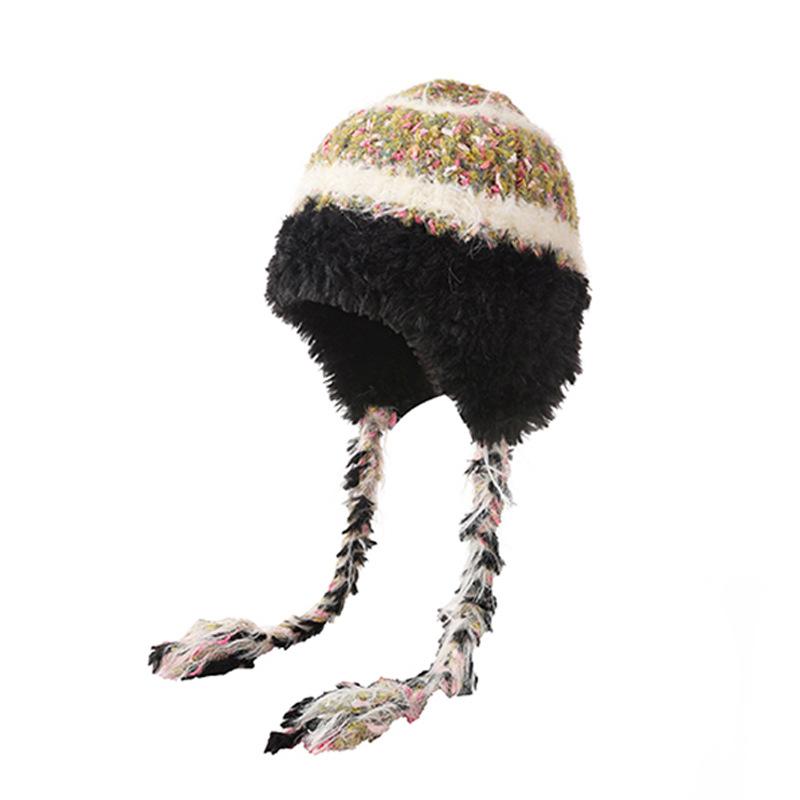 Wool hat female face small Maillard winter fringed braids thickened thermal ear protection hat cold knitted hat cold hat