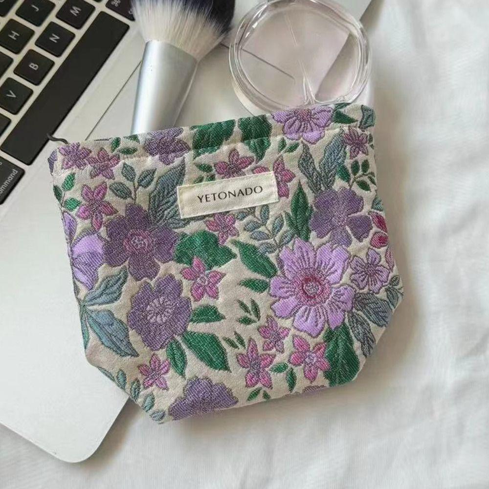 Polyester Canvas Flower Clutch Bag Large Capacity Zipper Closure Cosmetic Storage Pouch Portable Flower Pattern Makeup Bag