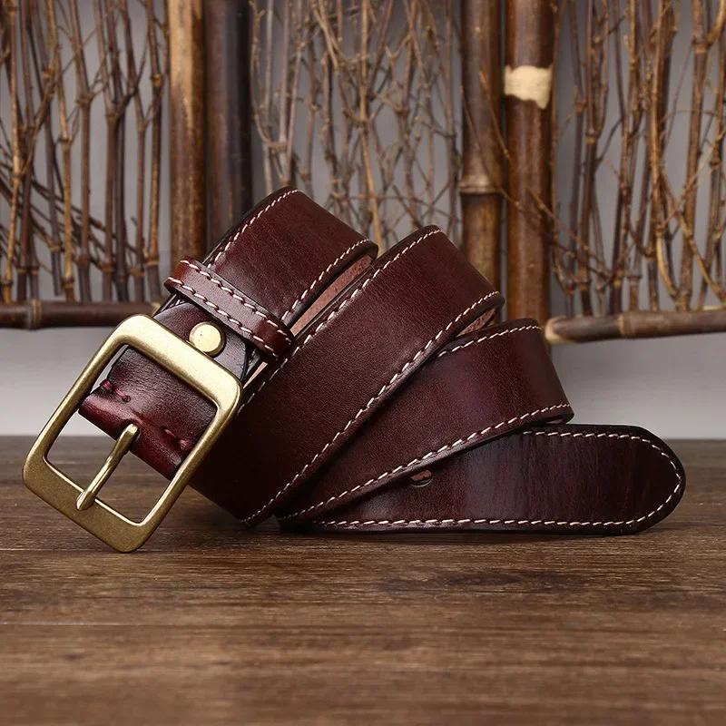 3.8 Cm Thickened Pure Cowhide Genuine Leather for Men's High Quality Jeans Brass Buckle Belts Cowboy Waistband Male Designer