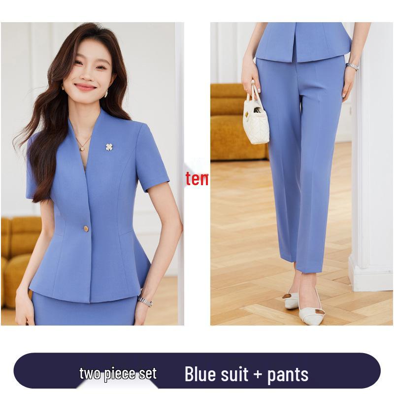 Women's Short Sleeve Black Blazer & Skirt Suit Set - Summer 2024 High-End Professional Workwear