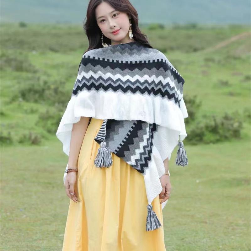 Gerüschter Strickschal im Ethno-Stil für Reisen - Warm & Verdickt