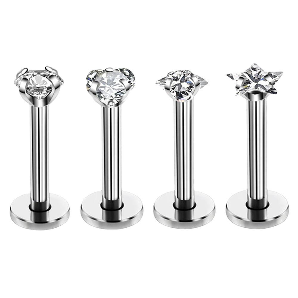 316L Edelstahl Lippenstecker mit Herz-, Stern-, Rund-, Quadrat- und Herz-Zirkonia-Designs (1,2 mm Stange)