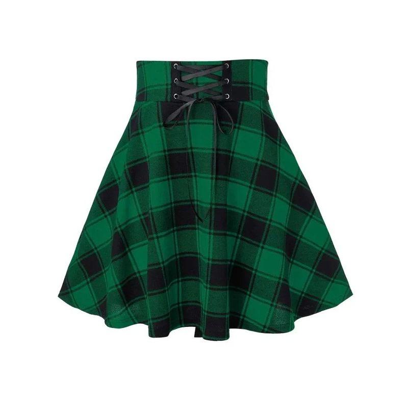 

High Waisted Plaid Lace up A- line Skirt High Waist Plaid Shoelace A- line Skirt Green L