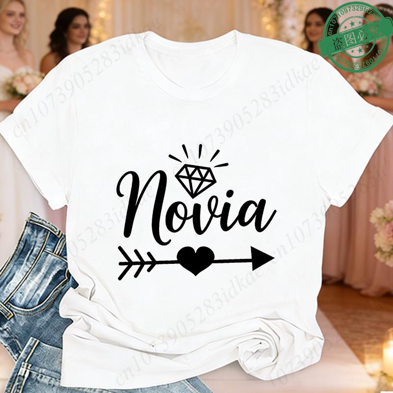 Tribu De La Novia Spanish Single Farewell Bachelorette Party T-shirts Short Sleeve O Neck Tops with Diamond Heart Arrow Graphic