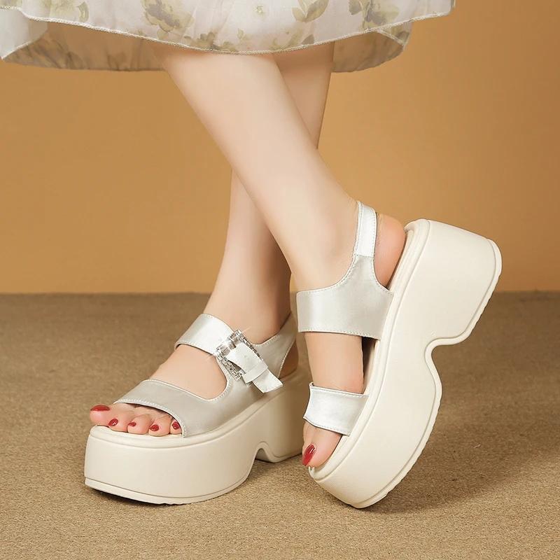 Fashion 8CM High Platform Sandals Women Summer Breathable High Heels Ladies Leather Sneakers Wedges Chunky Slippers Sandalias Mujer