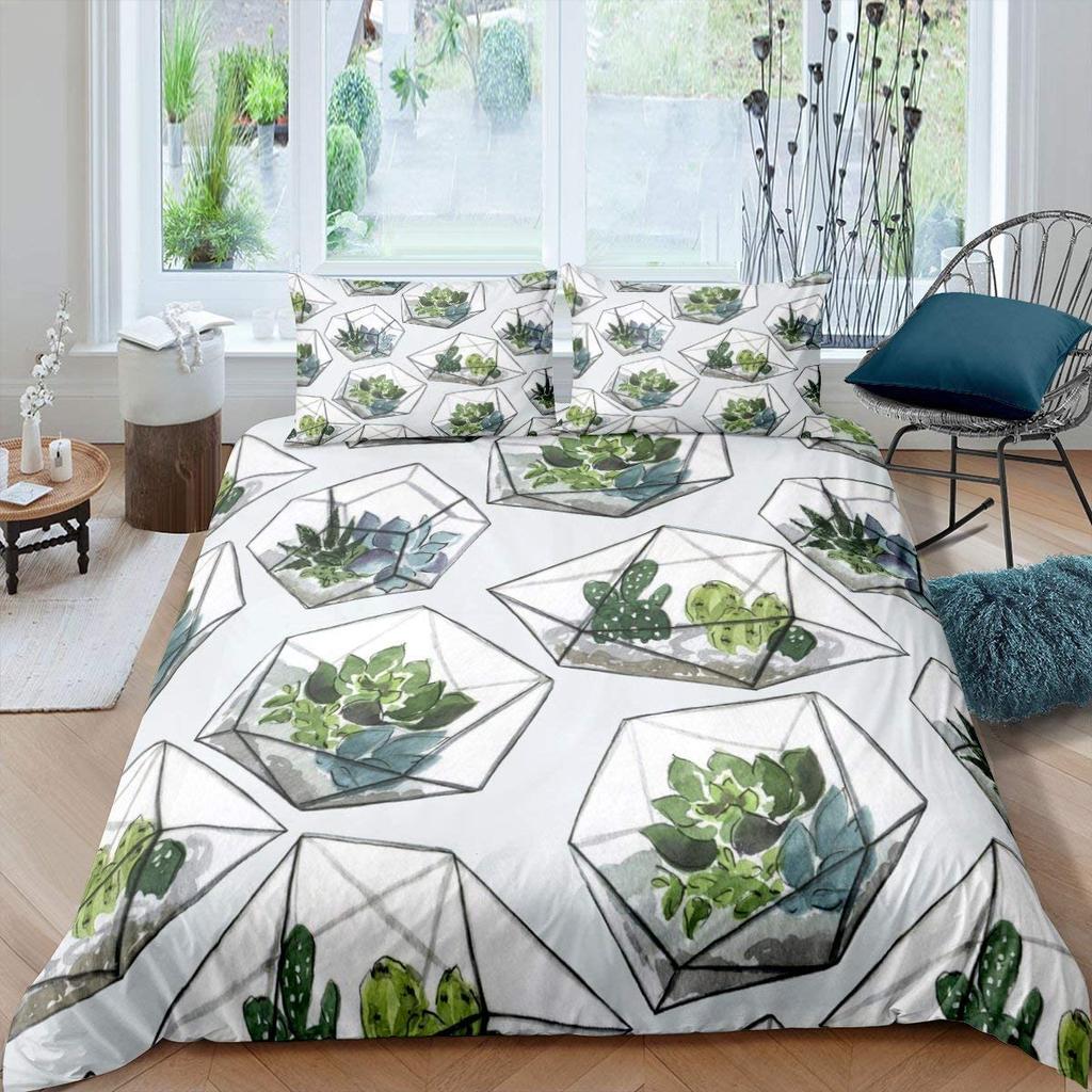 Succulents Bedding Set, Exotic Flower Duvet Cover Twin Size For Kids Boys Girls, Branches Leaf Floral Polyester Comforter Cover