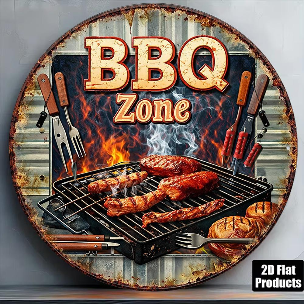 Retro BBQ Zone Round Aluminum Sign Barbecue Party Kitchen Outdoor Garden Patio Wall Decor Gift
