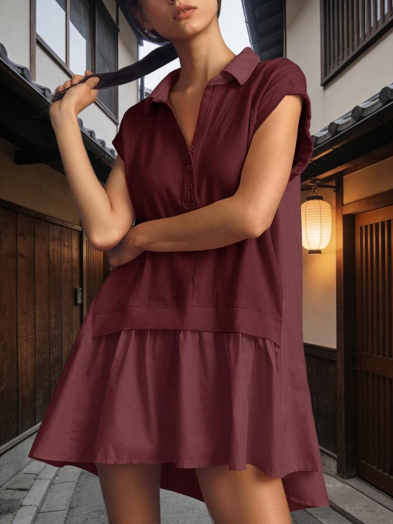 Womens V Neck Sweatshirt Dress Short Sleeve Oversized Patchwork Mini Dress
