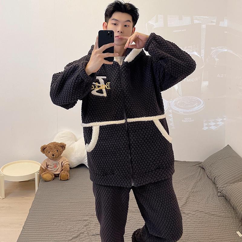 Nová pánská podzimní zimní zahuštěná sada pyžama z korálového rouna, plyšový domácí oblek s kapucí na zip, s dlouhým rukávem, flanelová 2dílná sada, pyžamo, teplé noční prádlo