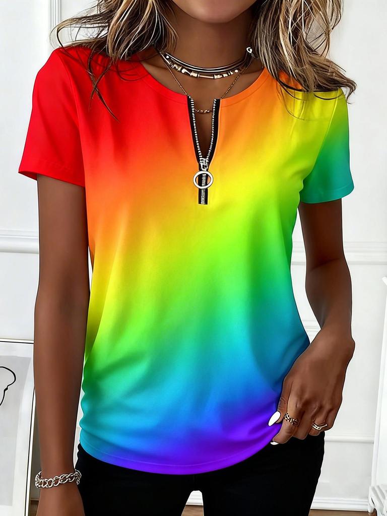 European-American Cross-border Fashion Color Block Zipper Short Sleeve Top