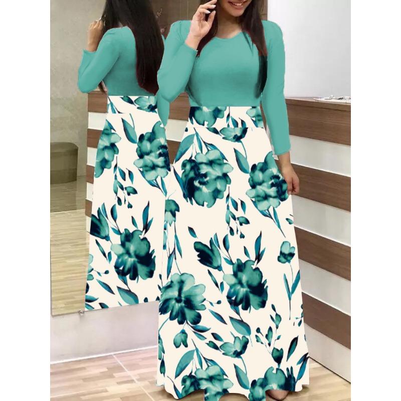 

YYFS Жіноча мода весна осінь повсякденні сукні з квітковим візерунком з довгим рукавом і круглим вирізом із високою талією XXXXXL