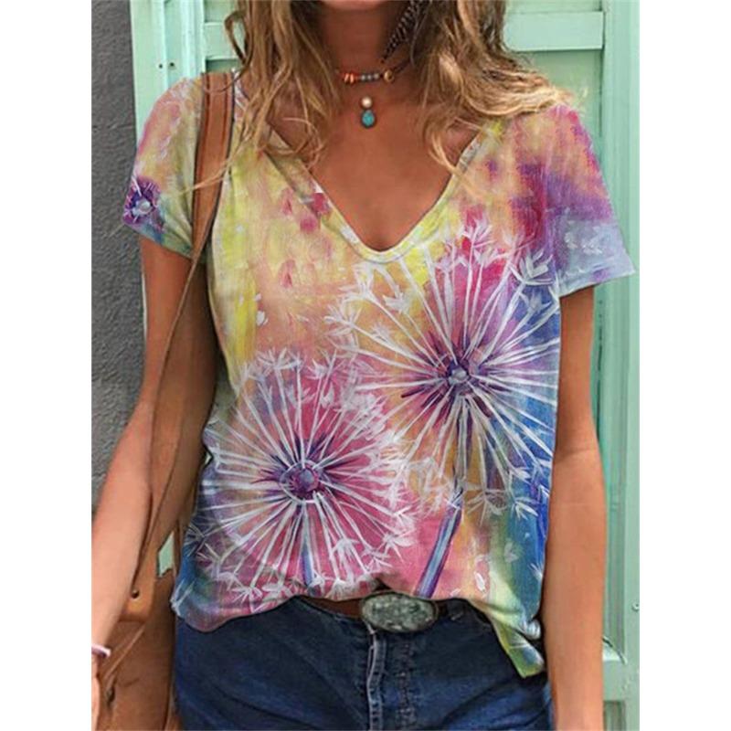 Letní dámské tričko s V-výstřihem, 3D barevným potiskem, módní, ležérní, s krátkým rukávem