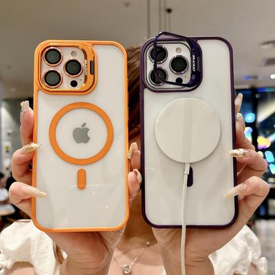 Solid Color Transparent Camera Lens Stand Magnetic Charge Bumper Phone Case For iPhone 17 16 PM 15 Plus 14 13 12 11 Pro Max Silicone Protective Cover