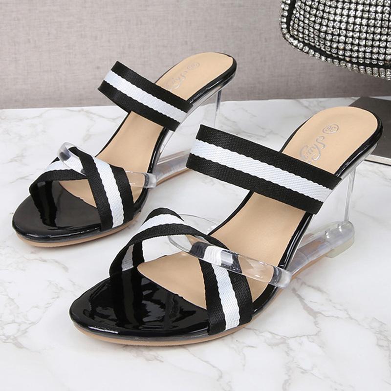 Women's Shoes Summer New Sexy Striped Cross High Heel Crystal Wedge Slippers Simple 1098 Series 8cm Heel LFD