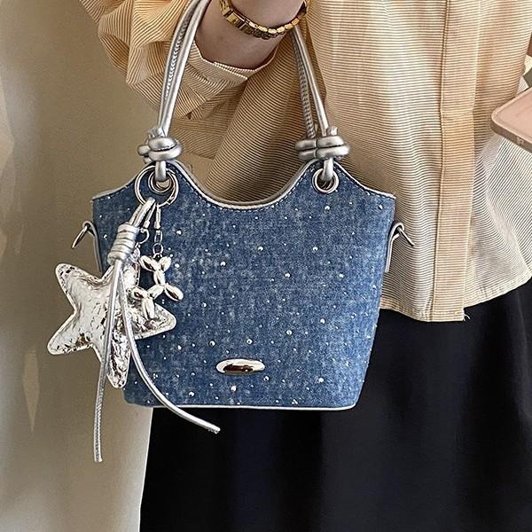 Denim bucket bag 2026 new commuter fashionable portable shoulder oblique span bag Korean fashion tote bag