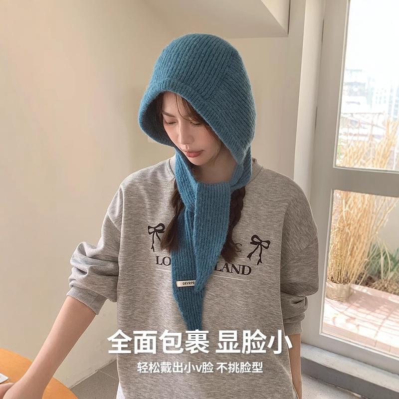Balaclava hat for women, small face in autumn and winter, cold-proof and warm hat, scarf and neck integrated wool hat, ear protection hat