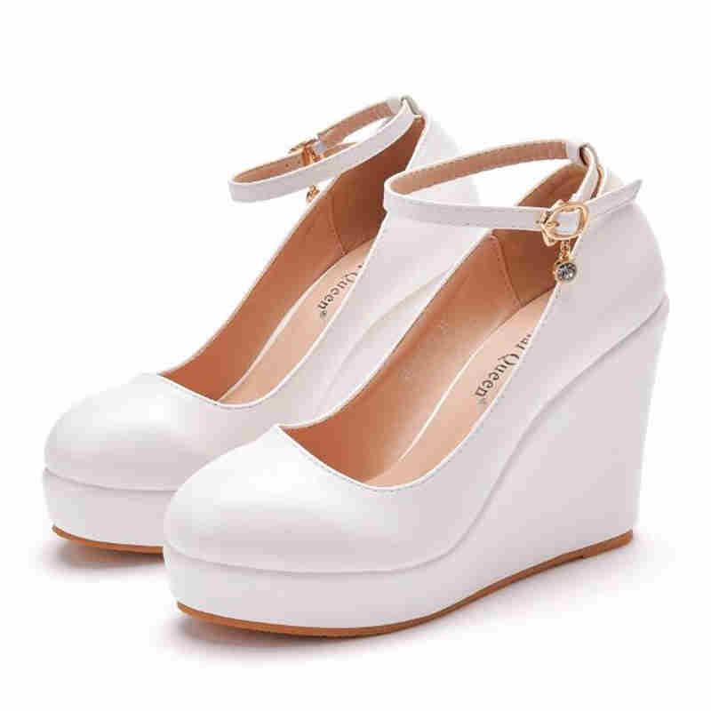 Fashion Ankle Strap Platform Wedges Women High Heel Shoes Woman White Party Wedding Shoes Mary Janes Women's Pumps 33-43